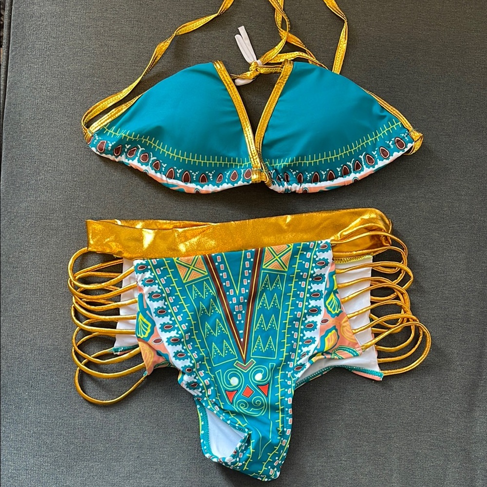 Colorful Bikini Set with Gold Accents in Various Sizes!